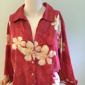 Caribbean Joe "Let Go" Floral Button-up Blouse V -neck 3/4 Sleeve Top Pt XL